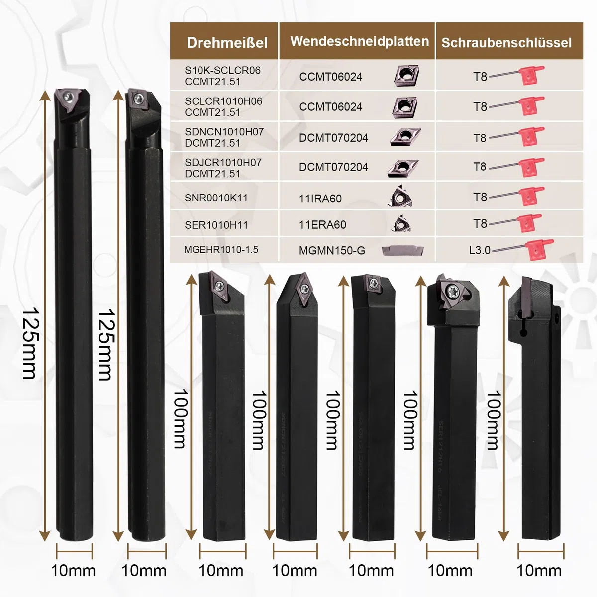 10mm Drehmeißel Set für Drehmaschine, 21 Stück Drehwerkzeughalter mit Wendeschneidplatten Werkzeughalter Set, CNC Drehstahl Zubehör für Metallbearbeitung