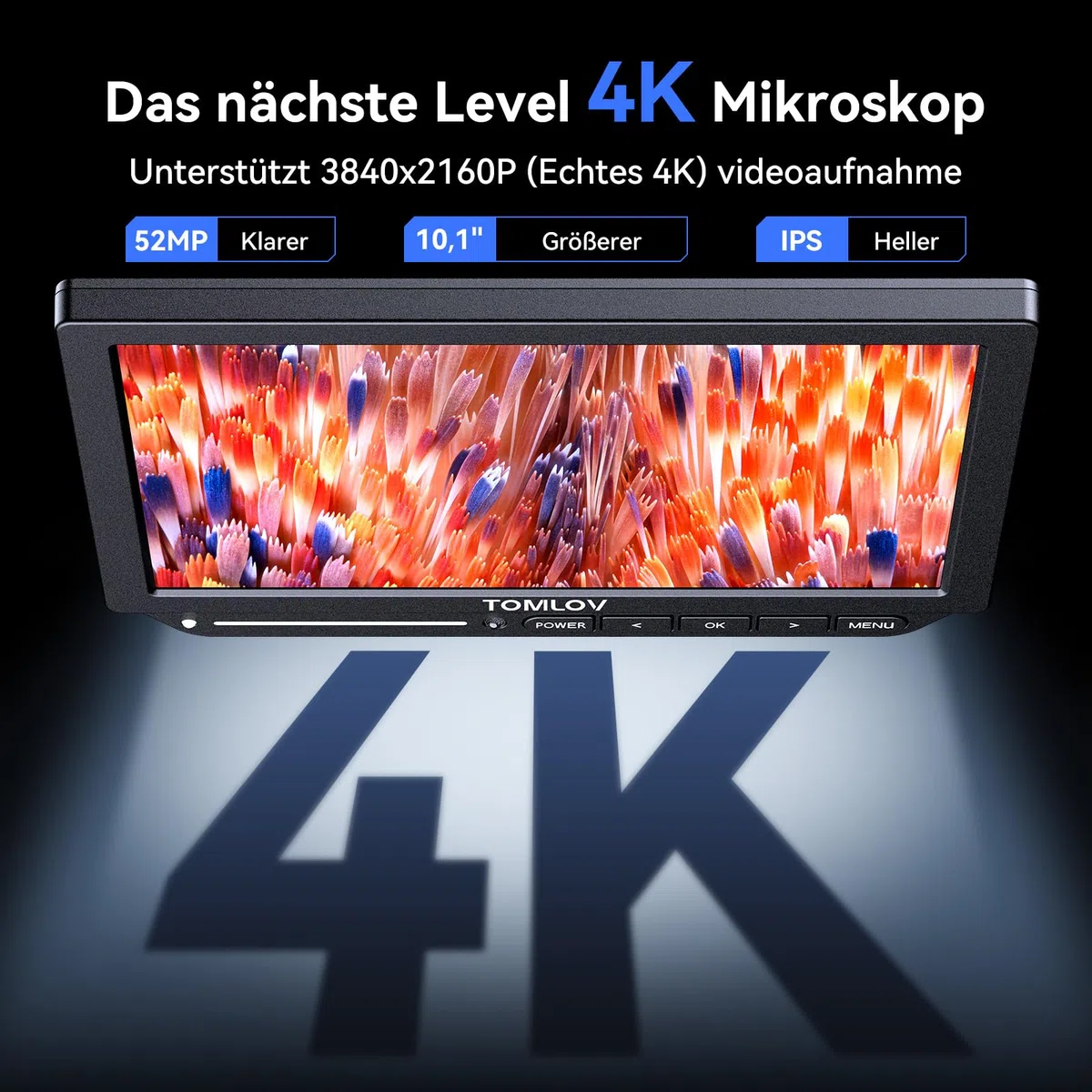 TOMLOV TM4K-AF Max Autofokus Digital Mikroskop 2000X, 4K 10,1" IPS-Schwenkarm-Lötmikroskop für Erwachsene, 52MP HDMI-Mikroskopkamera für Münzen und Löten, mit Ringlicht, PC/TV-kompatibel, 64GB