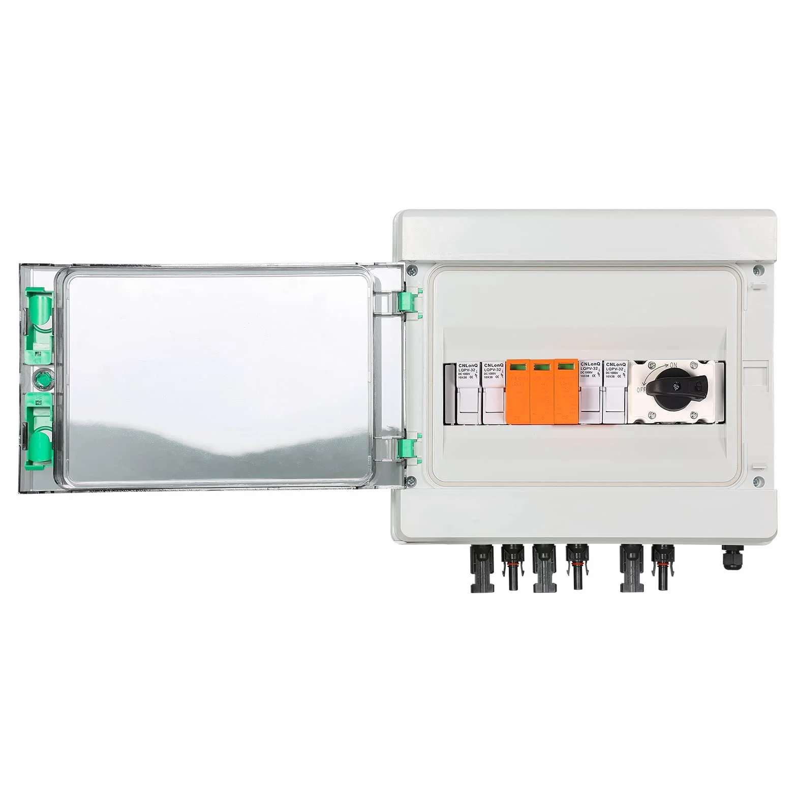 DEWIN Solar PV Combiner Box, 2 in 1 Out 2 String DC 1000V 32A Kombinierer Box 15A Sicherungen Sicherungshalter Trennschalter und Überspannungsschutz mit Wasserdichter Gehäuse