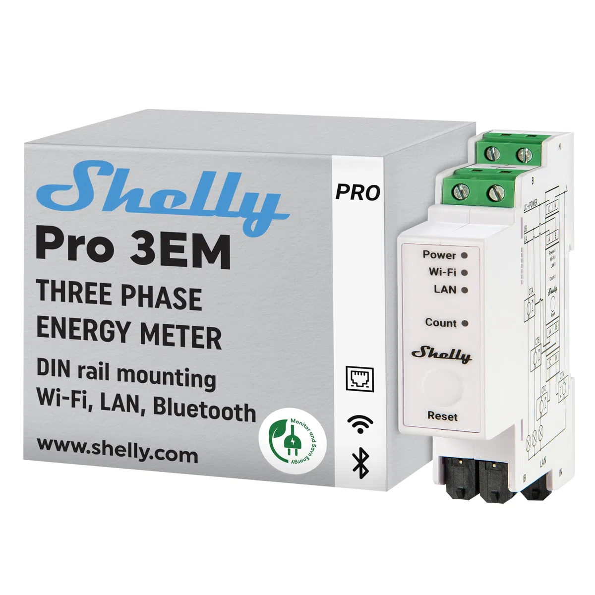 Shelly Pro 3EM (120A) | WLan & Bluetooth Smart Energy Monitoring 3-Phasen-Relaisschalter & Plus 1PM | WLAN & Bluetooth Relais Schalter mit Strommessung