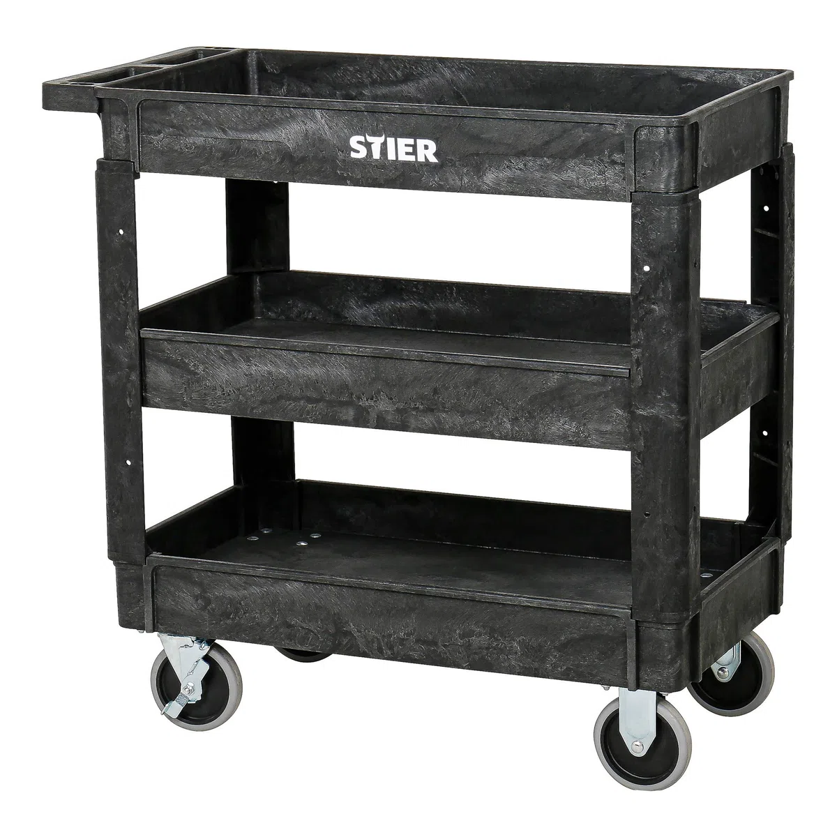 STIER Kunststoff-Vielzweckwagen, 3 Etagen, 250kg Tragkraft, 87x43x85cm, 2 Feststeller, Montagewagen, Werkzeugwagen, Rollwagen robust, Tool cart, Mehrzweckwagen