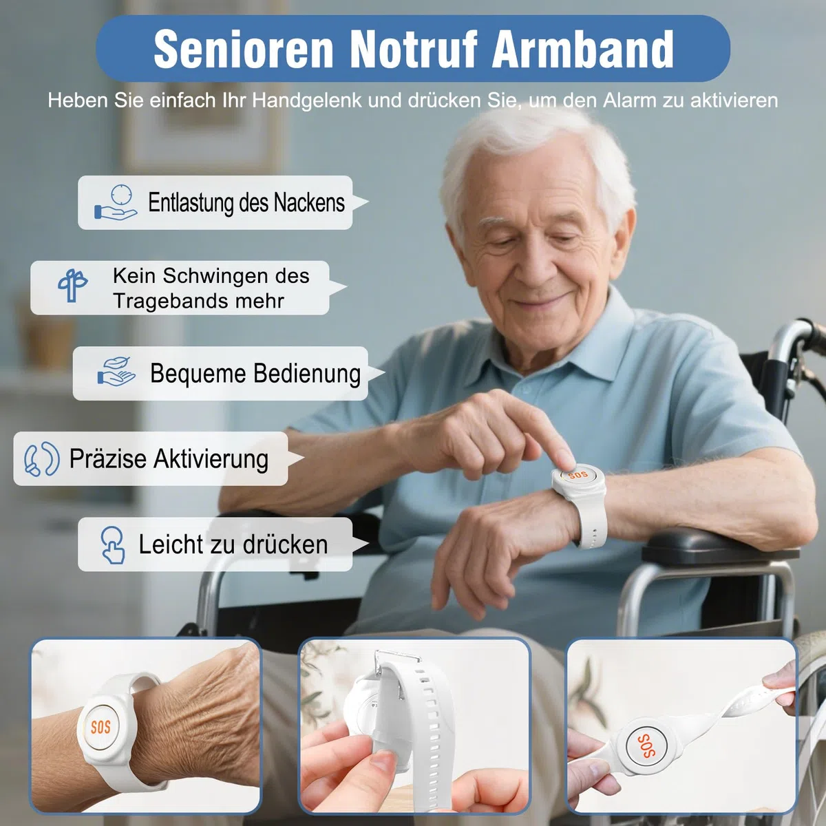 ChunHee Senioren Notruf Armband Notrufknopf für Senioren Notrufarmband Funkalarm 150M Notfallknopf für Senioren 5 Lautstärkestufen, mit 55 Klingeltöne (Empfänger * 1 + Sender * 1 + Armband * 1)