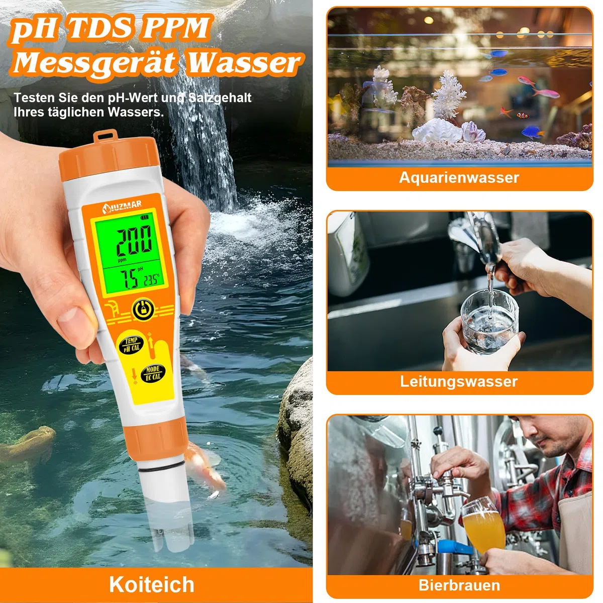 UIUZMAR Pool pH Messgerät und Salzgehalt Messgerät für Salzwasserpools, Digitales Poolwassertester mit 12.88 mS/cm Kalibrierlösung, 5 in 1 pH Salz EC TDS Messgerät für Aquarium, Whirlpools, Hydroponik
