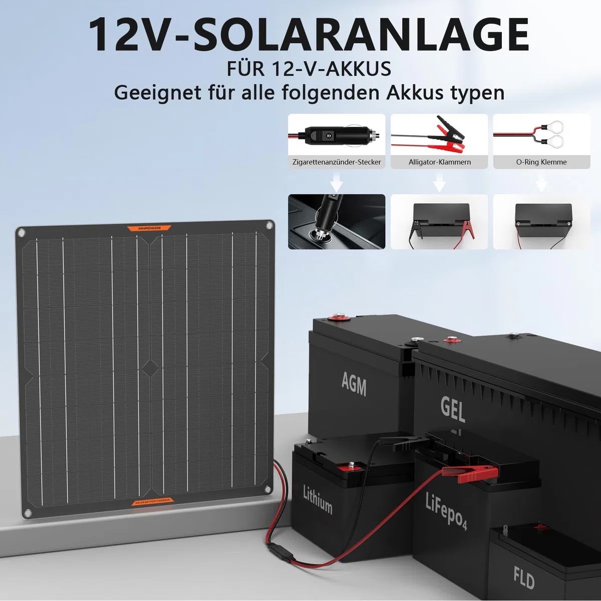 20W 12V Solar Batterie Erhaltungsladegerät Tragbares Wasserdichtes Power Solar Panel Erhaltungsladekit für Auto Automobil Motorrad Boot Marine Schneemobil Wasserfahrzeug RV