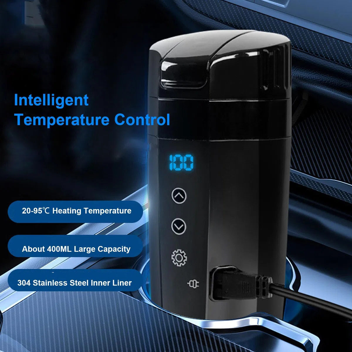 Elektrisch beheizter Thermobecher 400ml, Autobecher mit LED Anzeige und tropfsicher für Auto, LKW, SUV