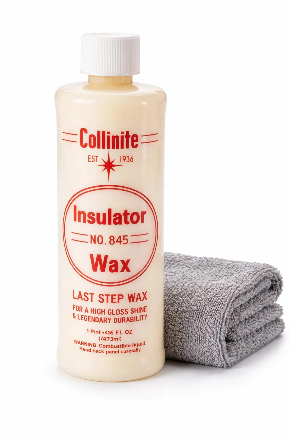 Collinite No.845 Insulator Wax 473ml – Hochglanz Hartwachs mit Langzeit-Schutz – Für Auto, Boot, Wohnmobil – Wasserabweisend & Einfach anzuwenden + Mikrofaser Tuch 40x40 cm Fiwiko