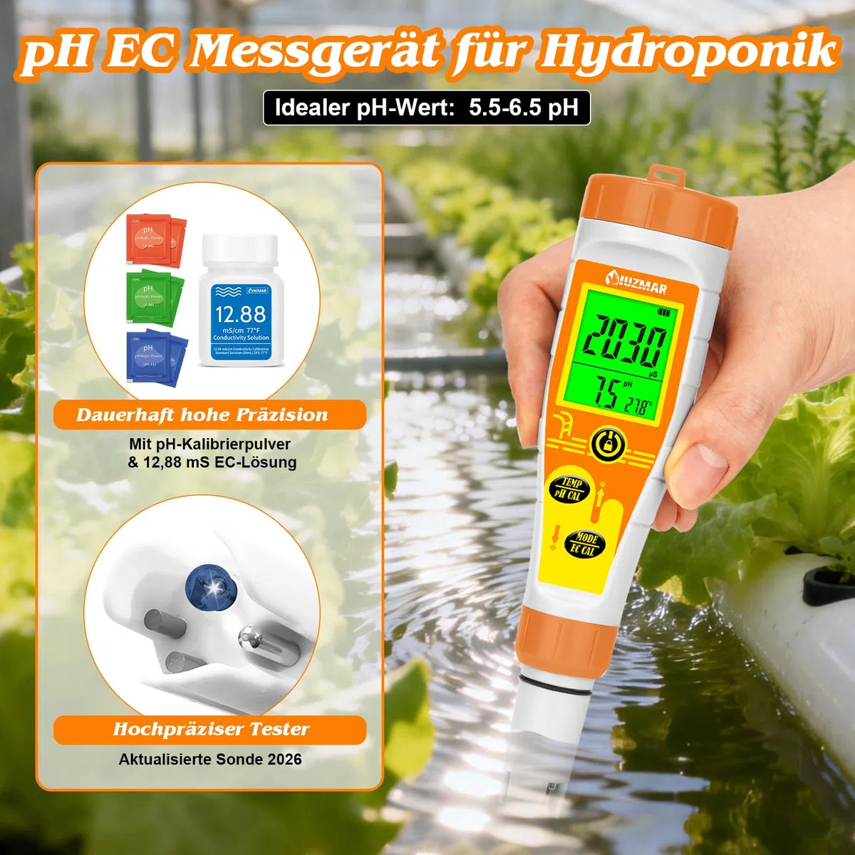 UIUZMAR Pool pH Messgerät und Salzgehalt Messgerät für Salzwasserpools, Digitales Poolwassertester mit 12.88 mS/cm Kalibrierlösung, 5 in 1 pH Salz EC TDS Messgerät für Aquarium, Whirlpools, Hydroponik
