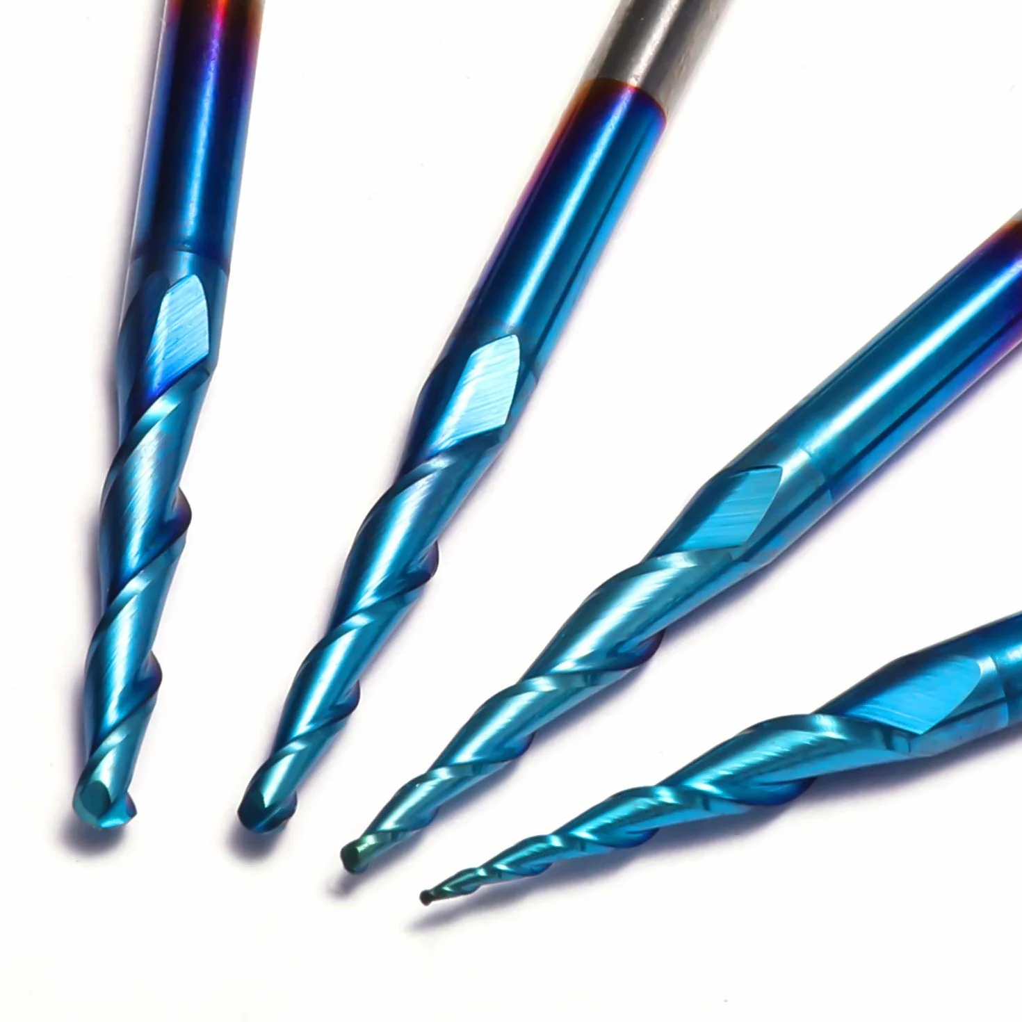 Genmitsu 4 Stück 2-Nuten- Kugelkopffräser mit konischer Spitze, Vollhartmetallfräser mit Nano Blue-Beschichtung, R0,25mm-1,0mm, 3,175mm (1/8 Zoll) Schaft, TB04A
