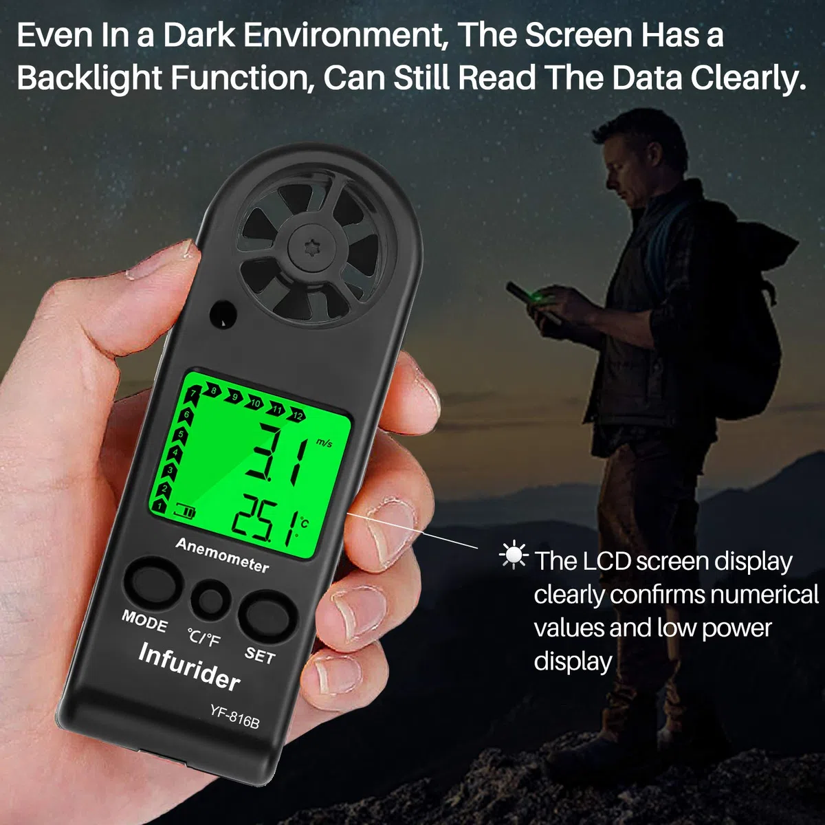 Windmesser,Digital Anemometer Handheld Windmessgerät Wind Speed Meter Gauge Air Flow Geschwindigkeit für Windgeschwindigkeitsmesser Lufttemperatur mit Hintergrundbeleuchtung Chill MAX AVG