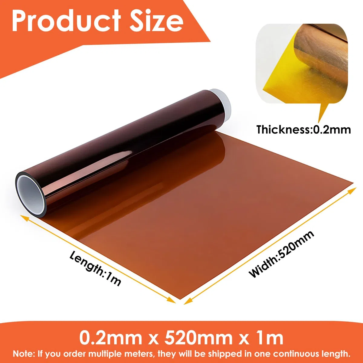 Polyimid PI Folie 0,2–1mm, 500/520mm Breite, Hochtemperatur- und Elektrisch Isolierende Hitzeresistente Kapton Folie für Elektronik, Motoren und Industrieanwendungen,0.2x520mm