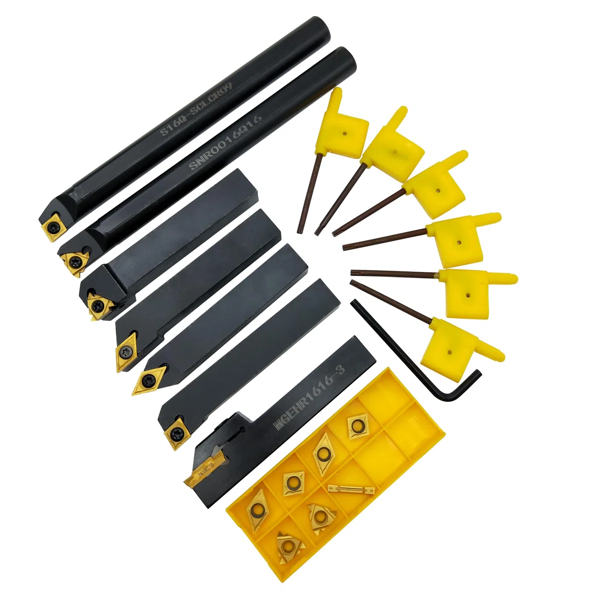 21Stück 16mm Drehwerkzeuge,7Stück Drehwerkzeughaltersatz, zum Drehen von Nuten, Gewindefräsen und anderen Bearbeitungen, mit 14 Hartmetallklingen CCMT32.51, DCMT32.51, 16IR A60, MGMN300, 16ER A60