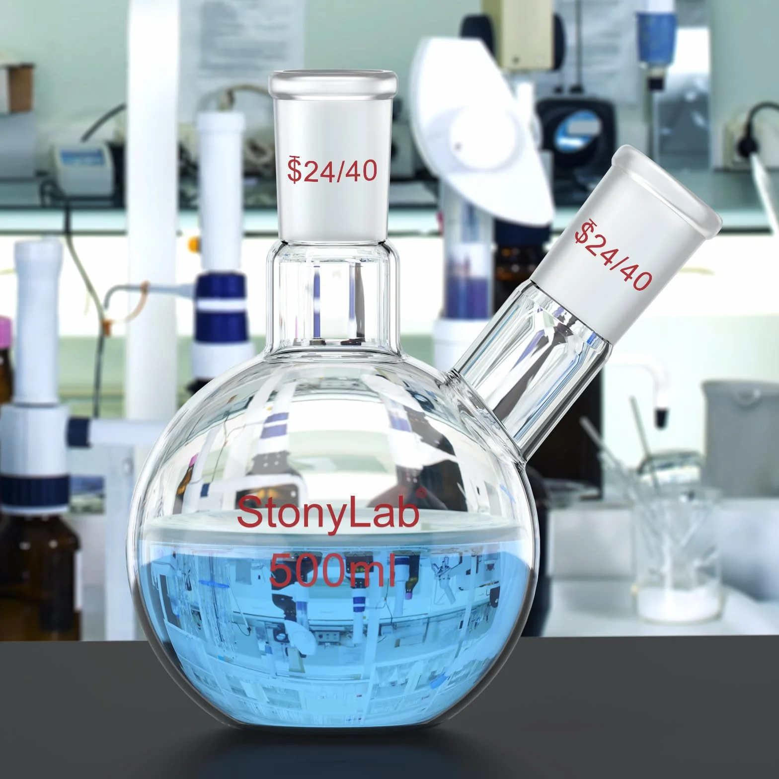 stonylab Flachbodenkolben FBF, Schwerwandiger 2-Hals-Laborkolben Borosilikatglas Flachboden Siedekolben mit 24/40 Standard-Gelenk, 500 ml