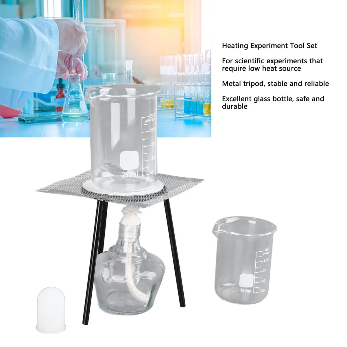 Heizset für Chemische Experimente, Brenner, Lampe, Stativ, Sieb, Netz, Becher, Zange, Rührstab für Labor, Schule, Chemie, Bildungsbedarf
