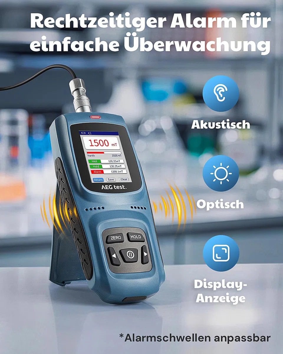 AEG-8103 Gaussmeter, wiederaufladbares Teslameter 0-2500mT, Magnetometer mit Datenaufzeichnung und Alarm, Magnetfeldstärke- und Poltester, ±5% allgemeine Genauigkeit für Fabriken, Werkstätten