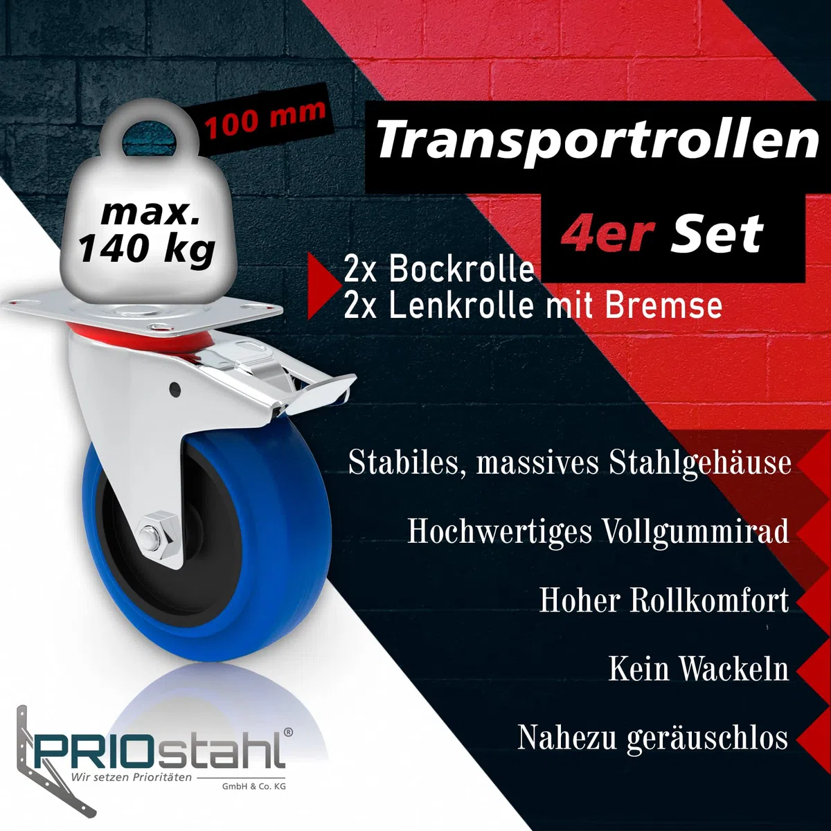 Transportrollen mit Bremse 100mm Möbelrollen Schwerlast - Bockrollen Set Gummi Rollen Blue Wheels Lenkrollen für Rollbrett Werkstatt schwere Möbel Palettenmöbel Rollwagen Räucherschrank Werkzeugwagen