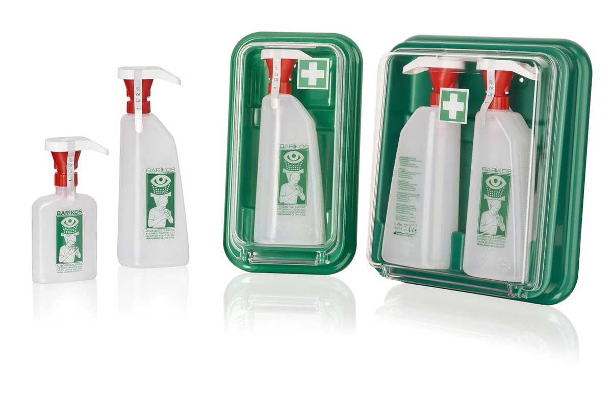 Wandbehälter für eine Augenspülflasche 620 ml: Kunststoff-Wandbox mit transparentem Deckel, Erste Hilfe Station
