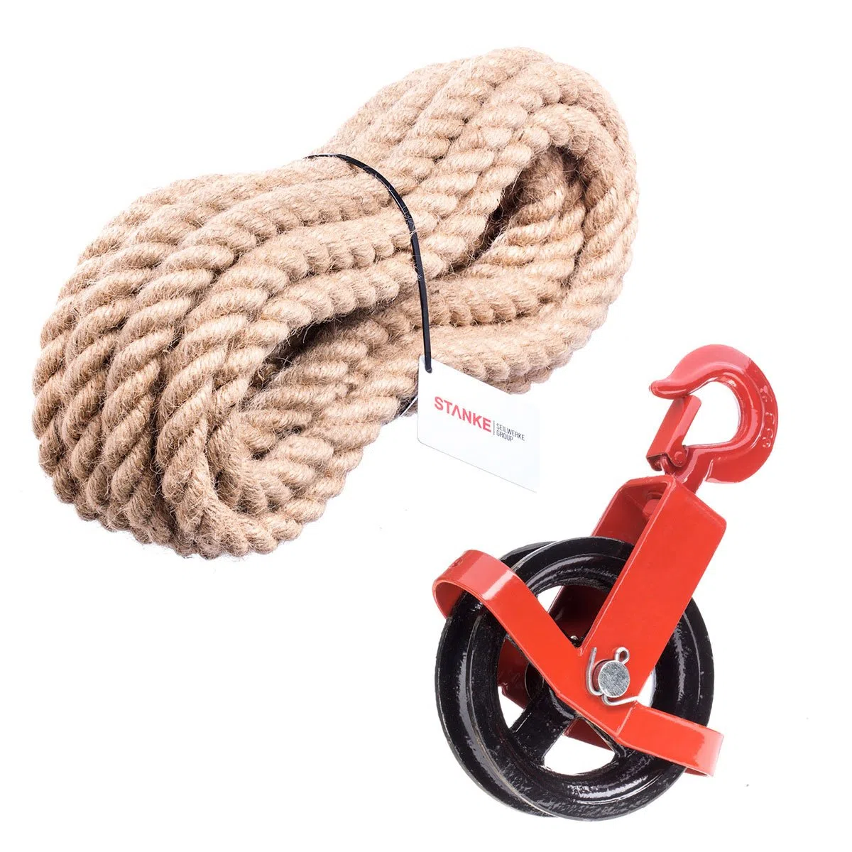 Seilwerk STANKE 125mm Umlenkrolle mit Haken + Juteseil 10mm 25 Meter Seilwinde Seilzug Seilrolle Windenrolle Flaschenzug Baurolle Bau Aufzug SET