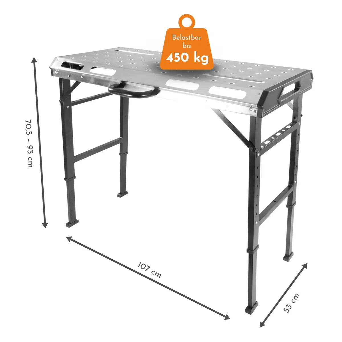 Lemodo Schweißtisch klappbar – Mobile Werkbank aus Stahl, 7-Fach höhenverstellbar, belastbar bis 450 kg, neigbare Arbeitsplatte, kompakt Faltbarer Werkzeugtisch für Werkstatt, Garage und Baustelle