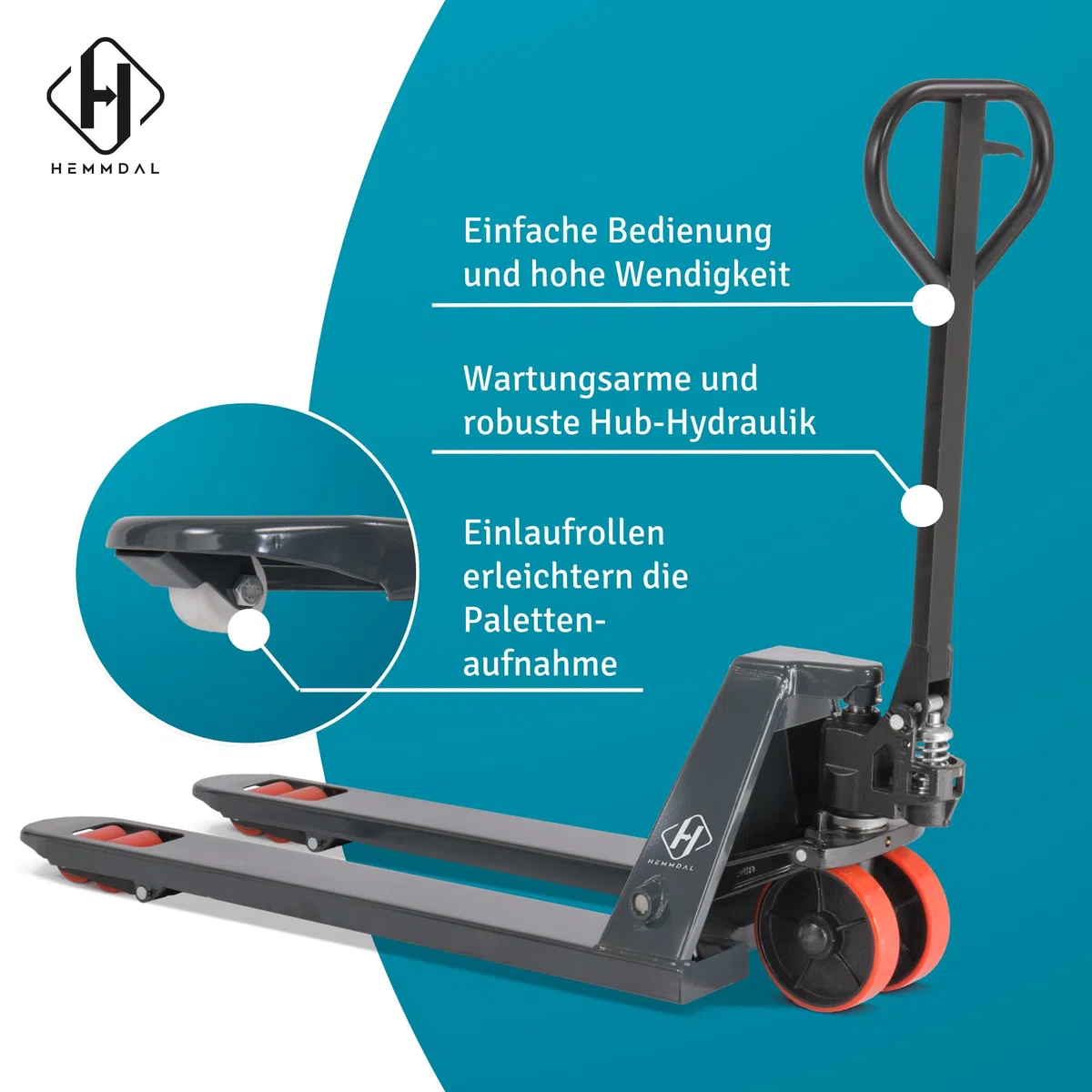 HEMMDAL Hubwagen | 2.500 kg Tragkraft | 1.150 mm Gabellänge | Lenkrad/Gabelrolle aus robustem Polyurethan | Tandem-Gabelrollen | Palettenhubwagen