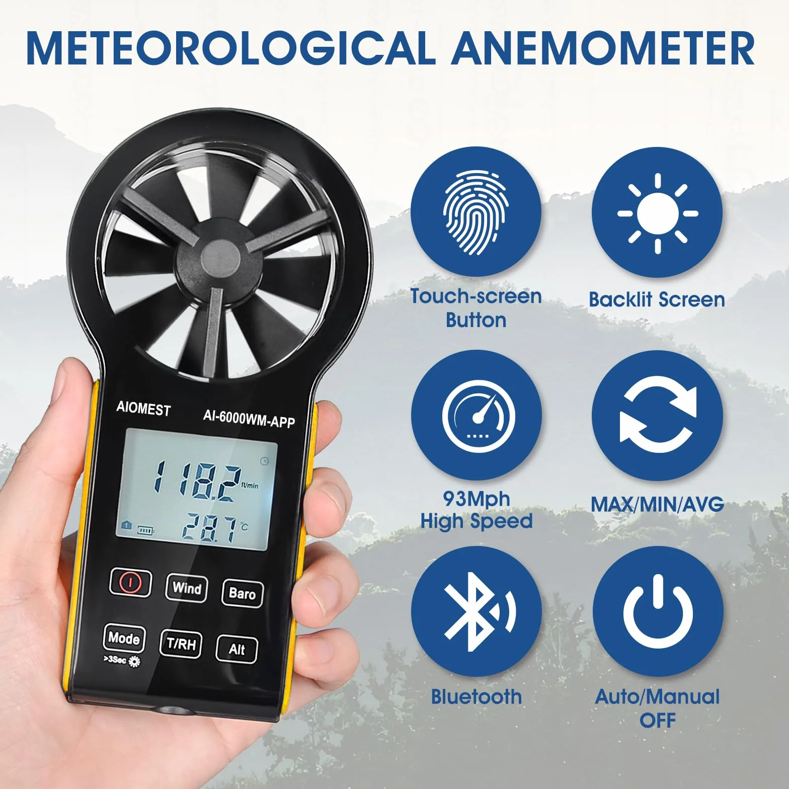 AIOMEST 6000WM-APP Digitaler Anemometer Handheld Windmesser Windmessgerät CFM Wind Speed Meter mit MAX/MIN/AVG für Windgeschwindigkeit Temperatur Wind Chill Tester, HVAC