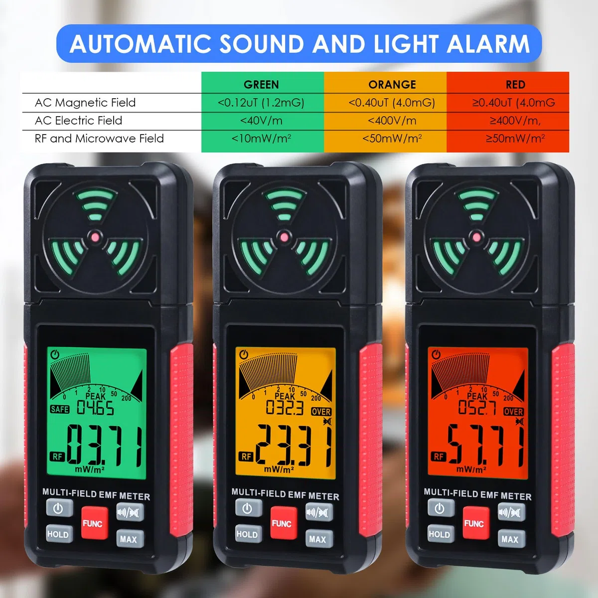 EMF Messgerät Strahlungsdetektor Digitaler Elektromagnetische Felder Handgehaltener EF/MF/RF Elektromagnetische Strahlung Messgerät mit LCD Alarm EMF-Inspektionen für Zuhause, Büro, Outdoor