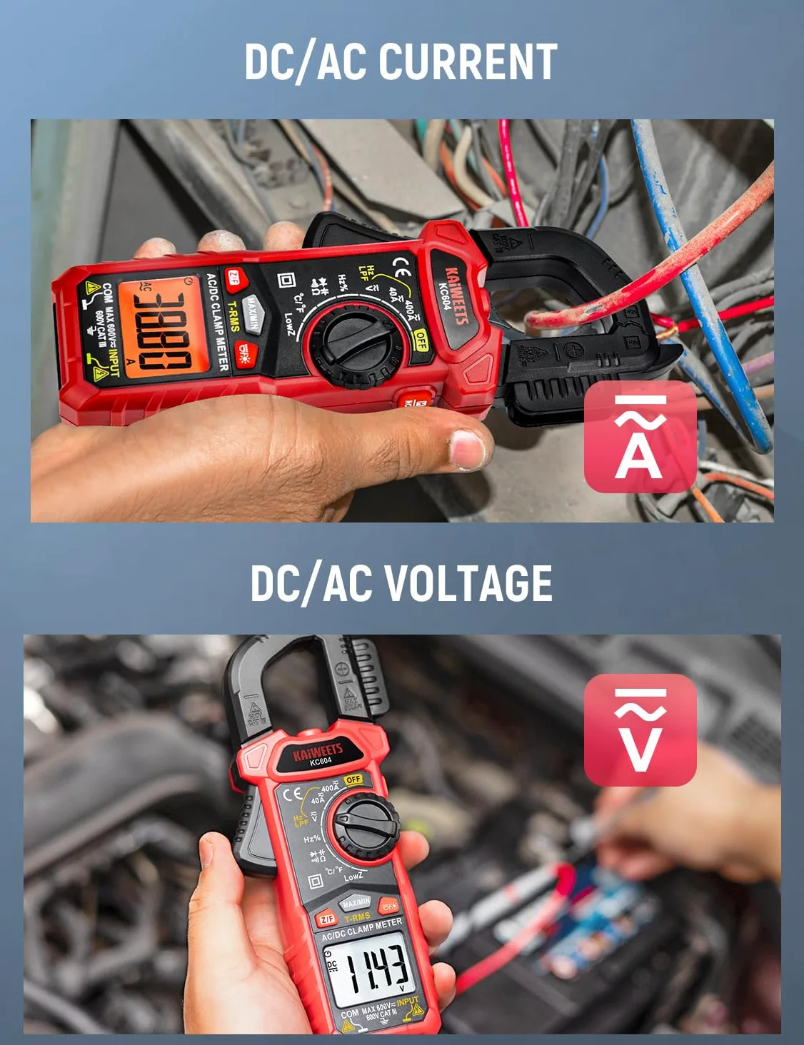KAIWEETS Stromzange AC DC, Strommesszange True-RMS 4000 Zähl, Zangenamperemeter Taschenlampe Hintergrundbeleuchtung für die Messung AC/DC Spannung Strom Temperatur Kontinuität Diode NCV, KC604
