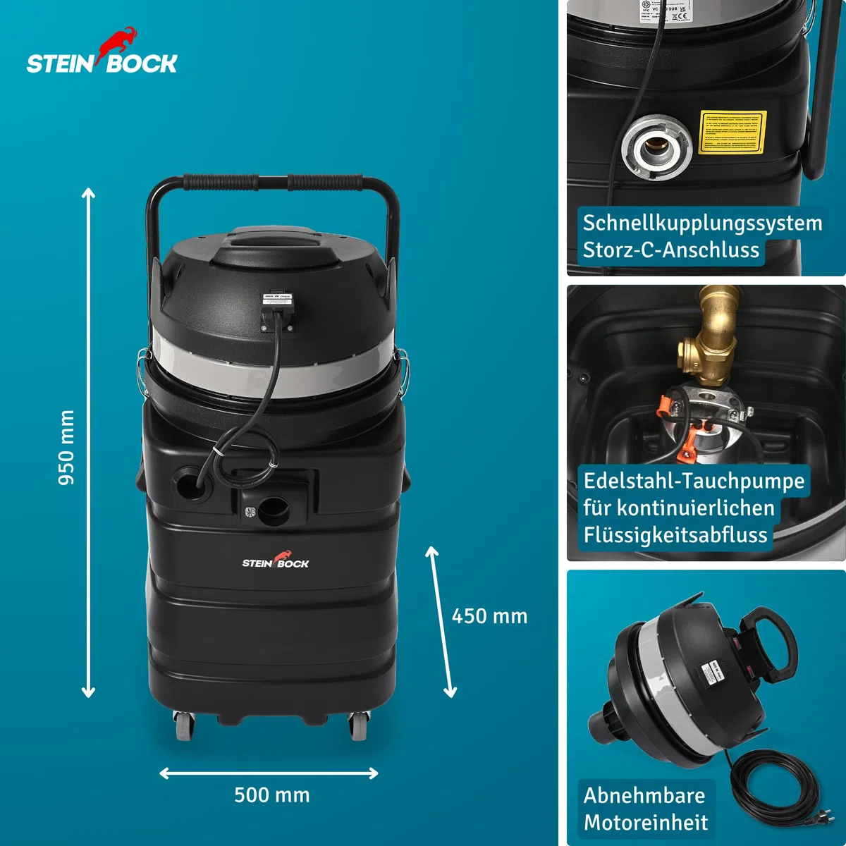 Steinbock Pumpsauger | 2.400 Watt | 90 l Kunststoffbehälter | Nasssauger mit integrierter Tauchpumpe für effizientes Abpumpen | Wasserdurchfluss-Ventil | Durchgehende Flüssigkeitsaufnahme und -abfuhr