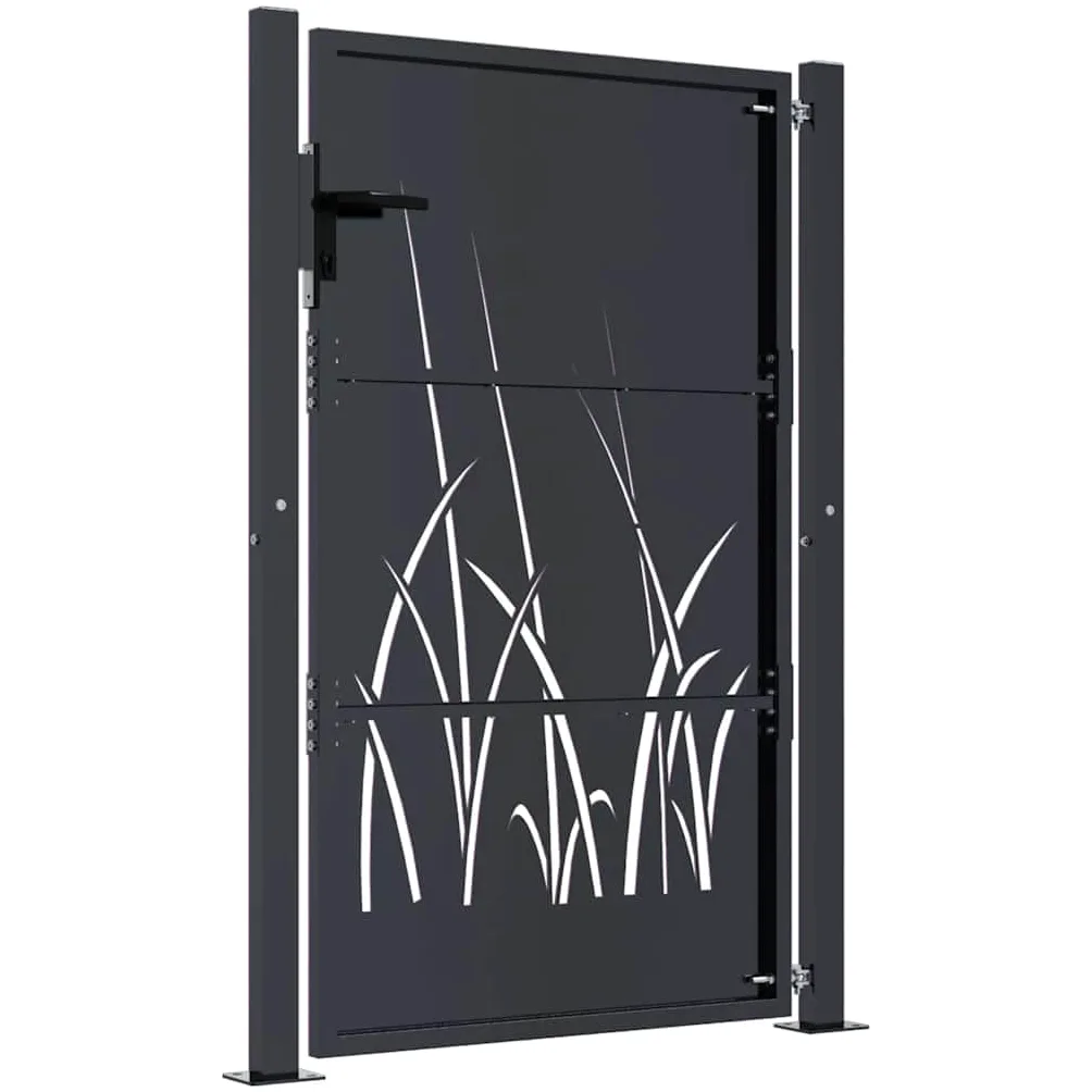 Gartentor Anthrazit aus verzinktem Stahl 110x130 cm mit Pfosten, abschließbares Flügeltor für Grundstück, Zaun, Hoftor, robustes Metall mit Rostschutz und elegantem Gras-Design