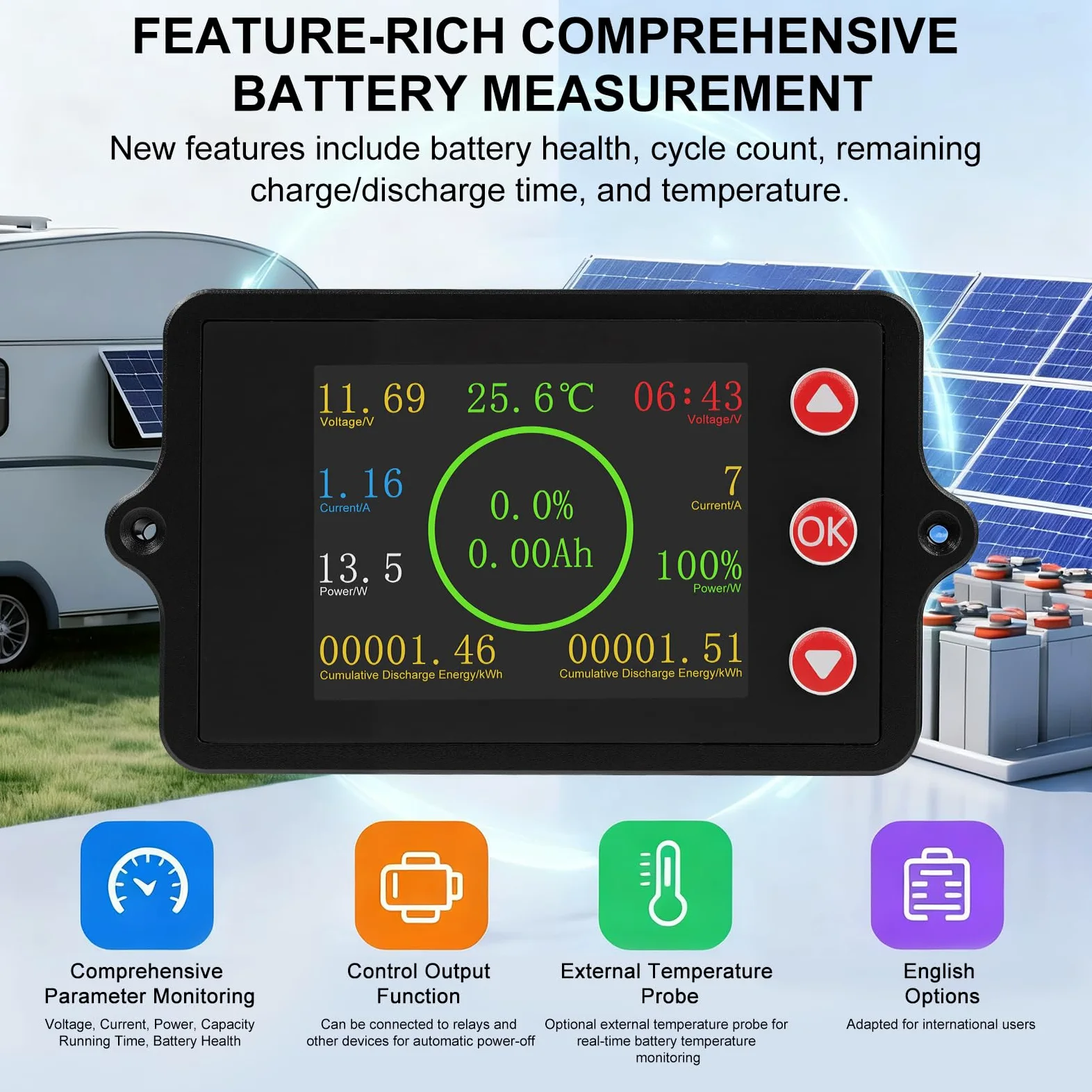 Batterie monitor DC8-100V Batteriewächter 100A batteriemonitor coulometer lithium battery guard Farbbildschirm mit 100A Reiner Kupfer Shunt Temperatursensor und Alarmfunktion