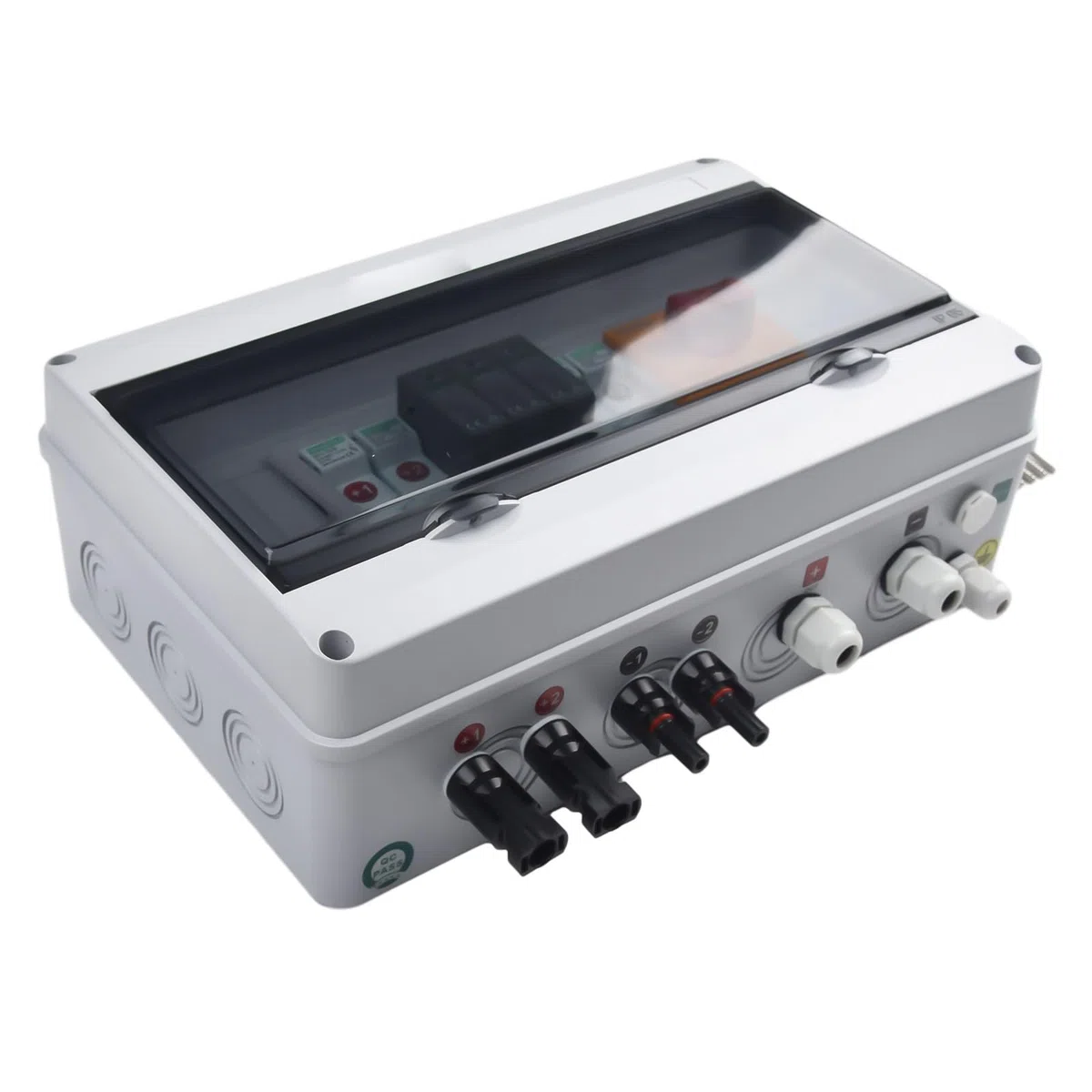 2-in-1-Solar-PV-Kombinator-Box für Photovoltaik-Arrays mit 2 Strängen, IP65 wasserdichtes PVC-Gehäuse mit DC-Sicherungen, SPD und Trennschalter für Dachinstallationen, 1000 V