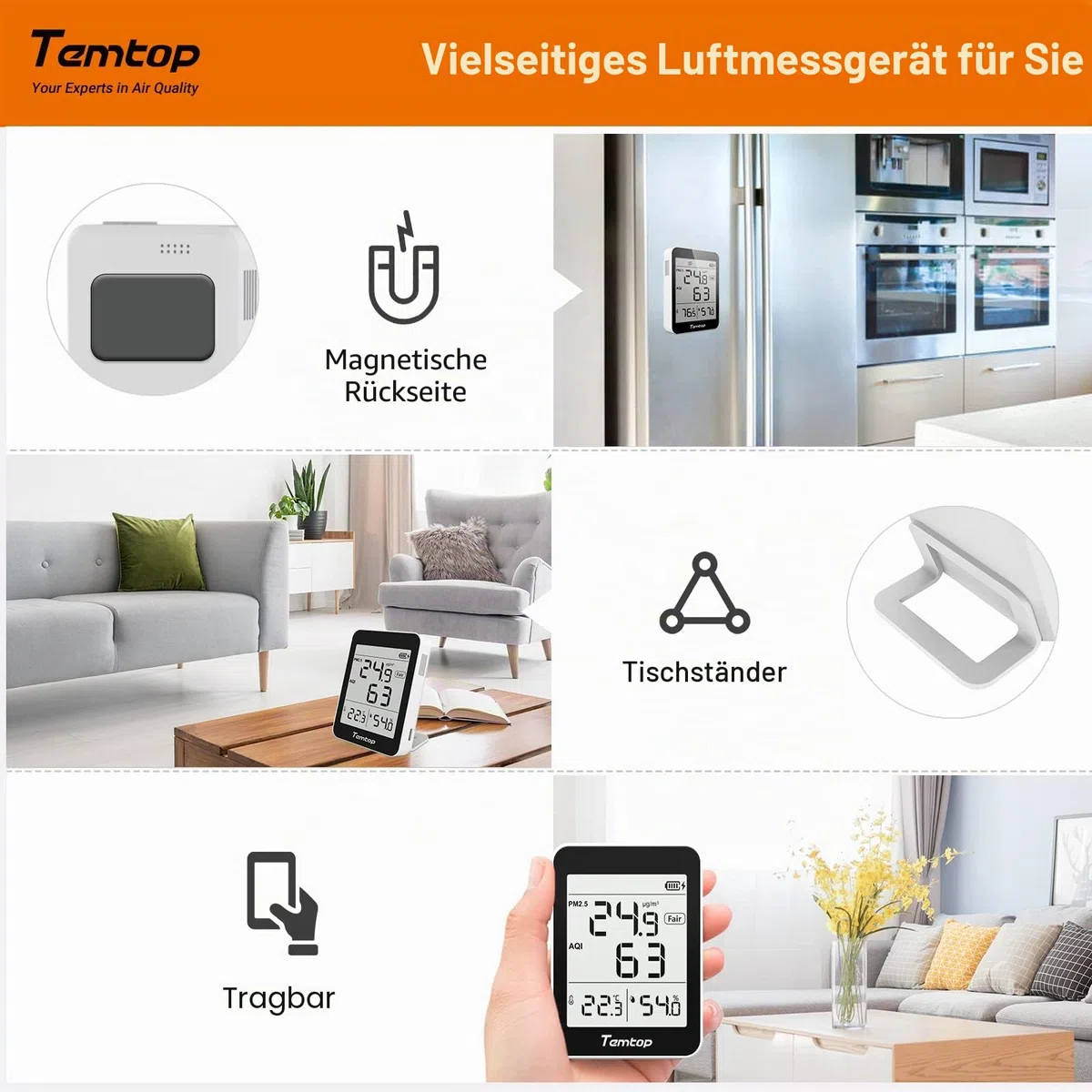 Temtop S1 Luftqualitätsmessgerät Mit PM2.5, AQI Und Temperatur-Feuchtigkeitserfassung, Ultra-lange Batterielaufzeit Von 60 Tagen, Ideal Für Zuhause Und Büro