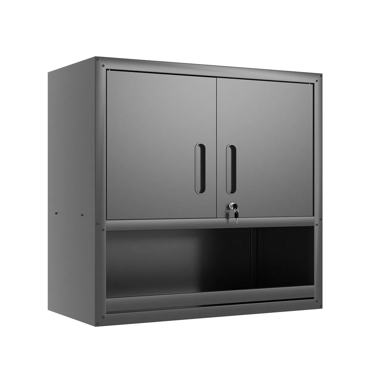 Wandmontierbarer Metall-Werkzeugschrank 77x75x30 cm | Abschließbarer Hängeschrank mit Verstellbarem Einlegeboden & Offenem Schub | Rostfrei für Garage, Lager, Büro, (Schwarz)