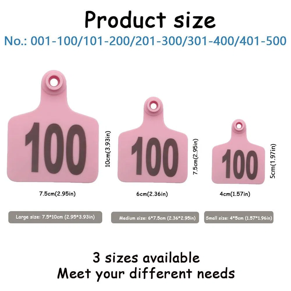 100 Stück Rinder-Ohrmarken Nr. 001-500, Kunststoff-Ohrmarken für Nutztiere für Kühe, Ziegen, Schafe, Schweine, Tieridentifikations-Ohrringe Rosa 7.5 * 10cm (2.95 * 3.93in) 201-300