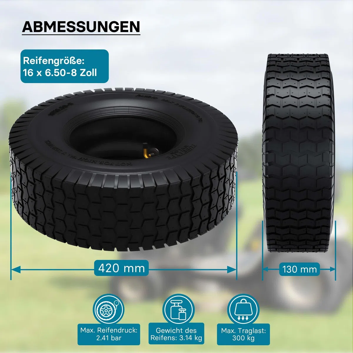 Wiltec 2x Reifenmantel 2x Schlauch für Aufsitzmäher/Rasentraktor 16x6.50-8 4PR Winkelventil