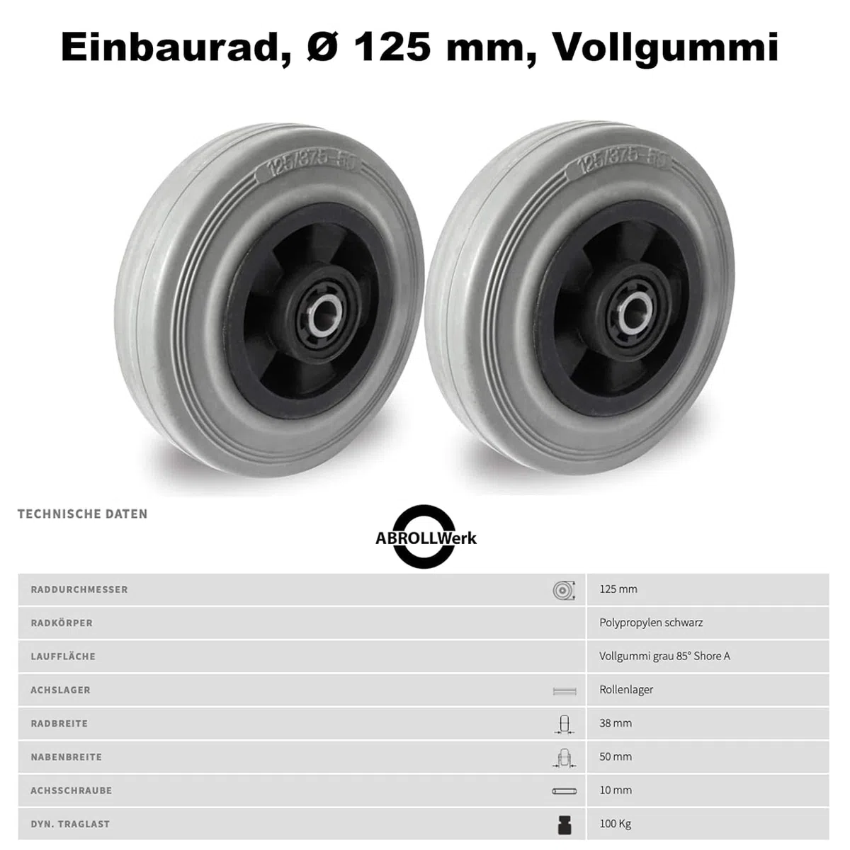 4er Set Rad 125 mm Gummi grau spurlos – Ersatzrad mit Rollenlager & Achszubehör M10 – 100 kg Traglast pro Rad – Bodenschonende Transportrollen für Rollwagen & Möbel
