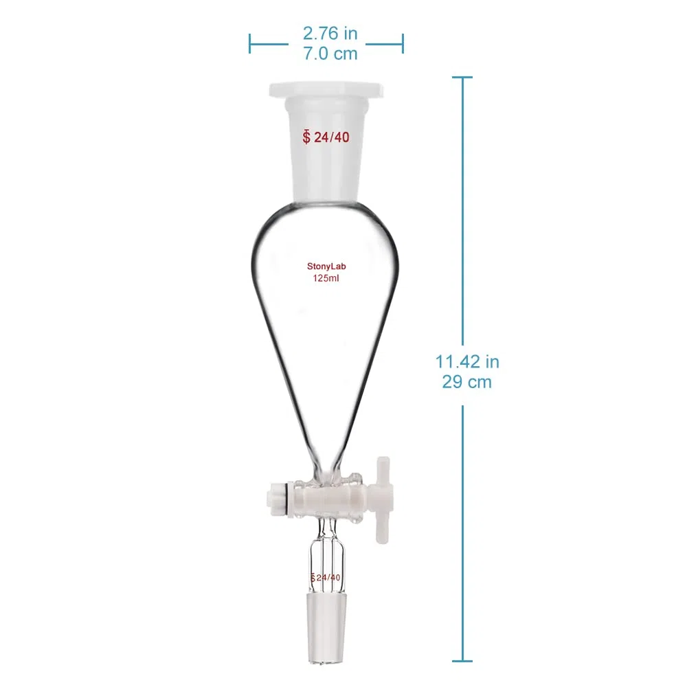 stonylab Scheidetrichter Glas, 125 ml Separatorentrichter mit PTFE-Absperrhahn Konischer Birnenförmiger Schwerwandiger Borosilikatglas Trenntrichter mit 24/40 Fugen