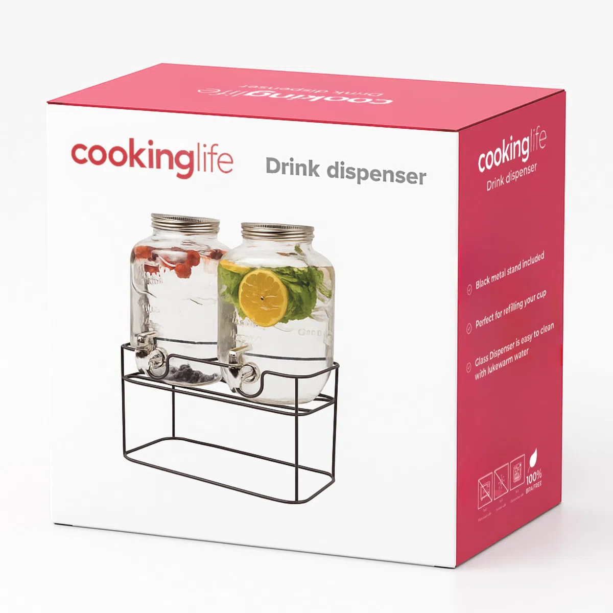 Cookinglife Getränkedispenser, Doppelt mit Ständer, 2 x 4 Liter, Glas und Stahl, Schwarz