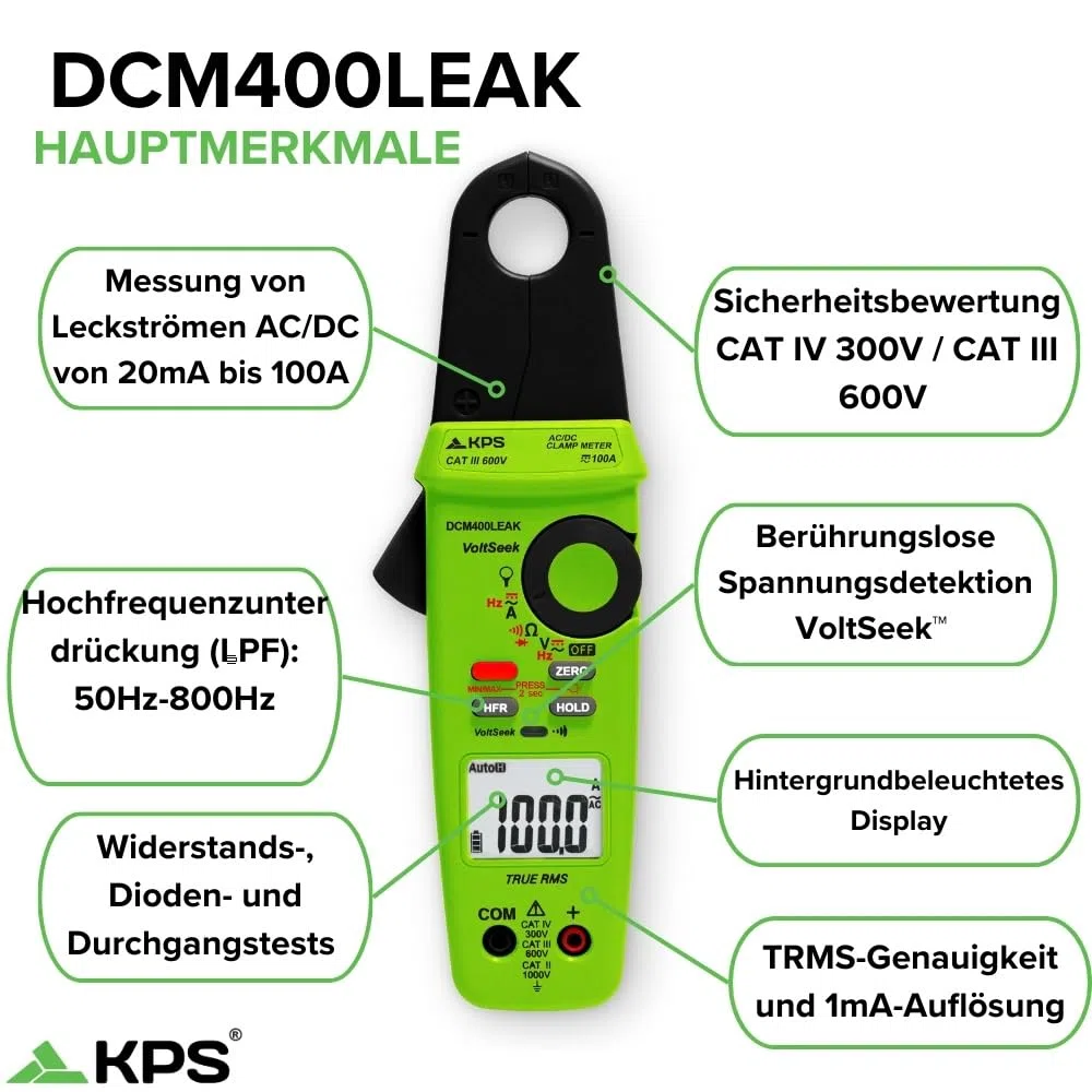 KPS-DCM400LEAK Leckstromzange TRMS 20mA bis 100A AC/DC - Spannung 1000V AC/DC - Tiefpassfilter (50Hz - 800Hz) & NCV