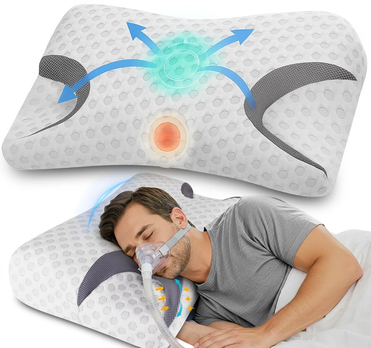 CPAP Kissen für Seitenschläfer, Memory Foam Kopfkissen für CPAP Masken, ergonomisches Nackenstützkissen zur Reduzierung von Maskendruck und Luftleckagen, für Seiten-, Rücken- und Bauchschläfer
