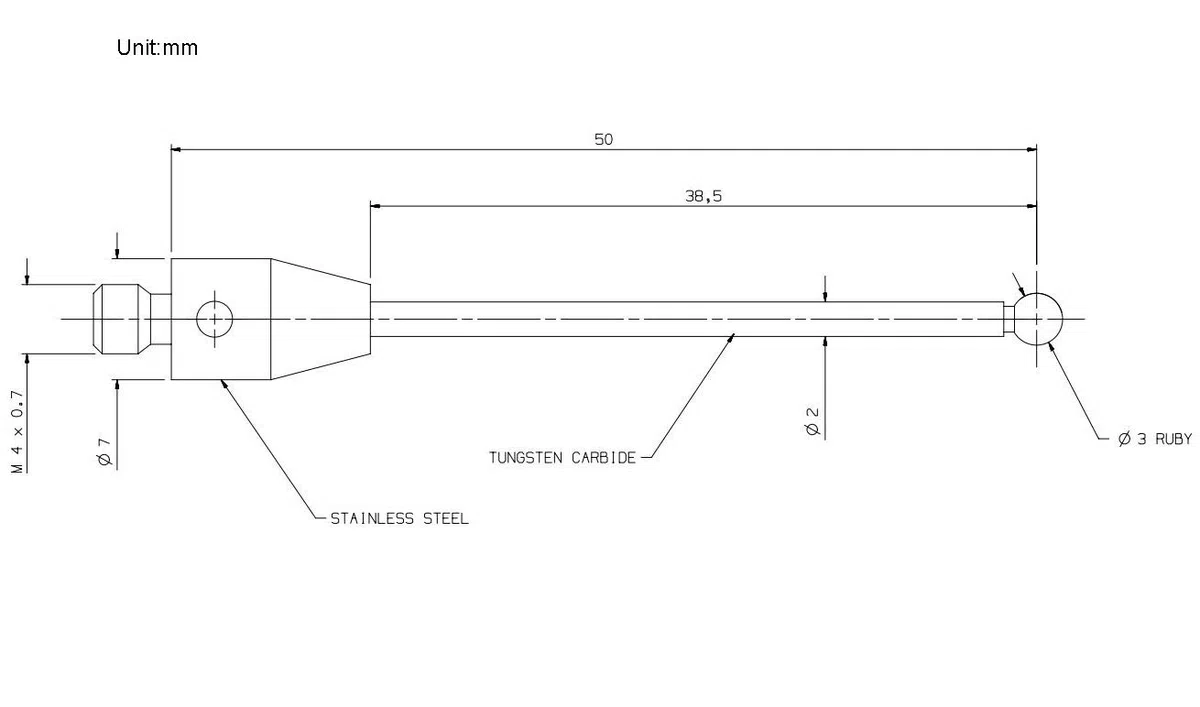 Tastereinsätze für taktile Messtaster,Gewinde M4, Rubinkugel Ø3mm, Hartmetallschaft, Länge 50 mm A-5003-3680