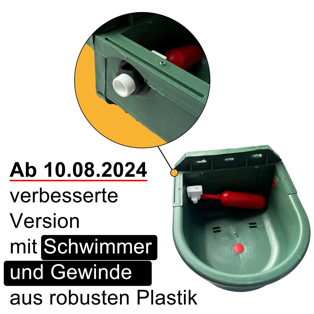 Tränke aus Kunststoff mit Anschlussset IBC Container | 4 Liter | Ideal für Pferde, Rinder, Schafe und Hunde | Schwimmertränke mit Halterungen Tränkebecken