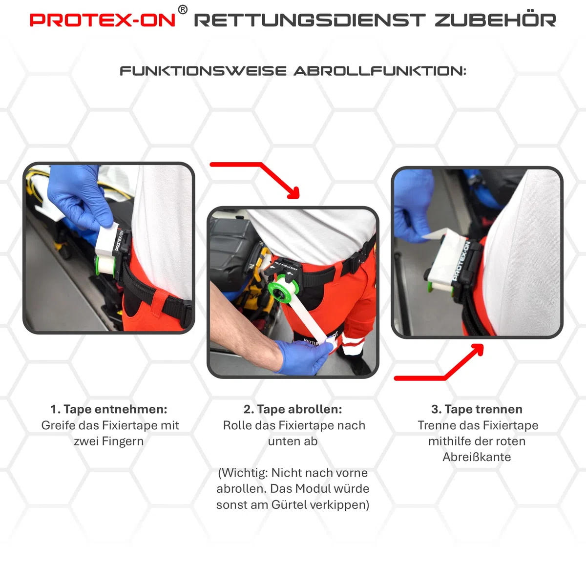 PROTEX-ON Leukoplast-Halter für Rettungsdienst – Einhand-Tape-Halter mit Gürtelclip (Variante 2: Trageweise rechts)