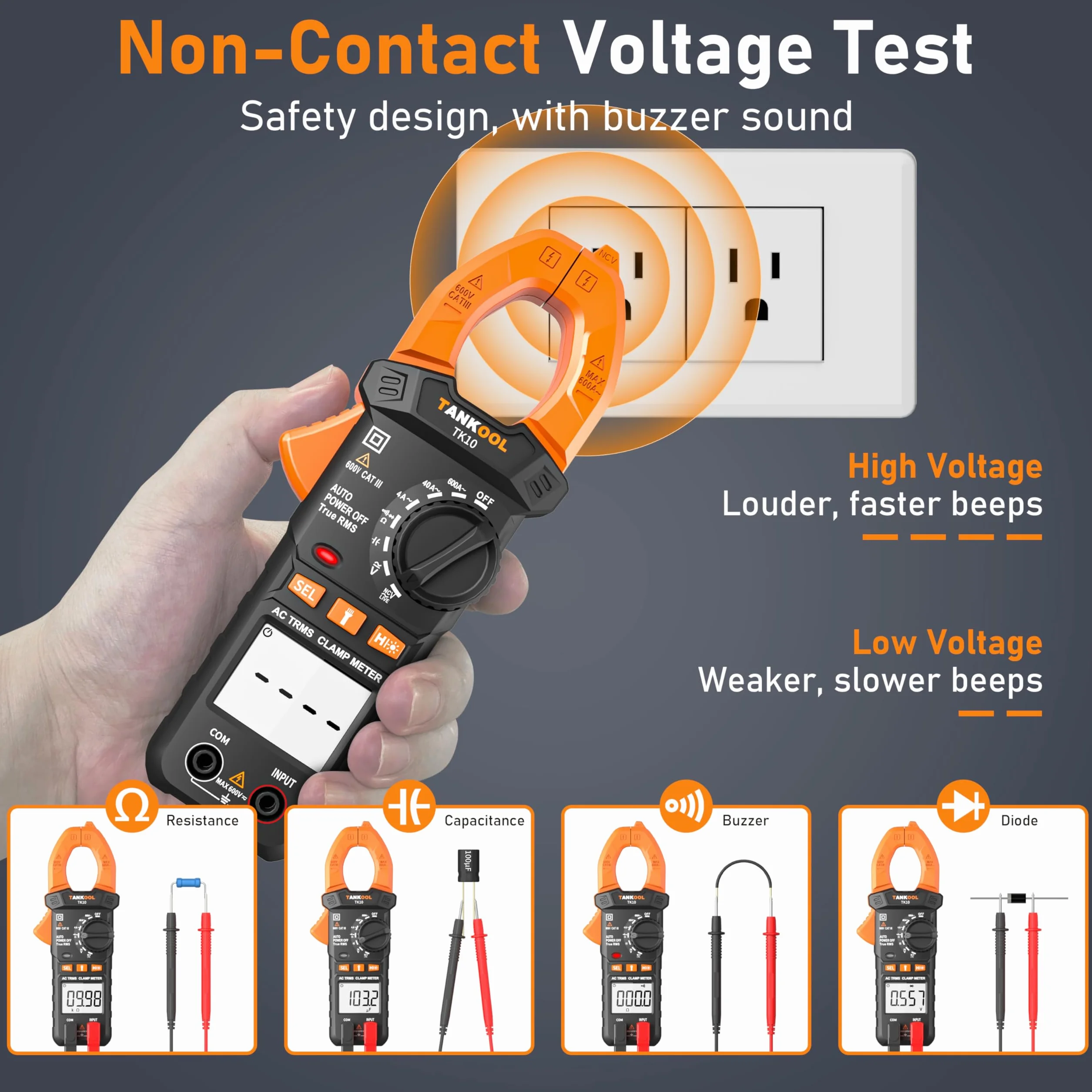 Stromzange,Digitale Intelligente Stromzange AC DC,4000 Zähler TRMS,Zangenamperemeter Taschenlampe Hintergrundbeleuchtung für die Messung AC/DC Spannung Strom Kontinuität Diode NCV