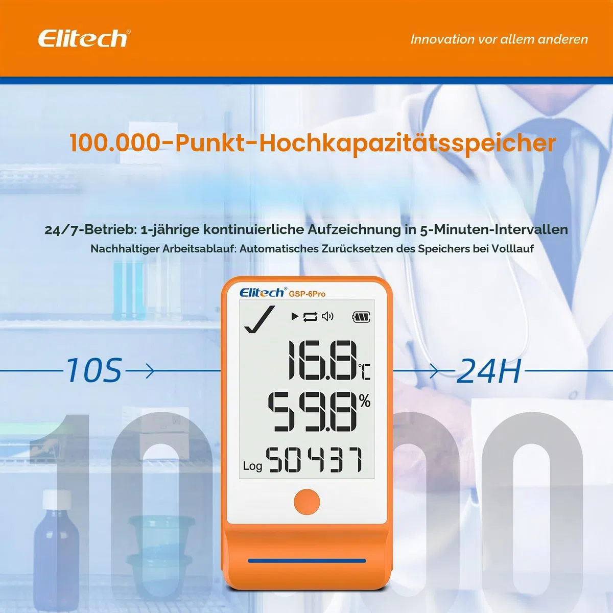Elitech GSP-6 Pro-TE+THE Temperatur Datenlogger,Temperatur- und Luftfeuchtigkeits-Datenlogger, Große Speicherkapazität, Externer Sensor, Alarmfunktion, Kostenlose Datenexport-Software