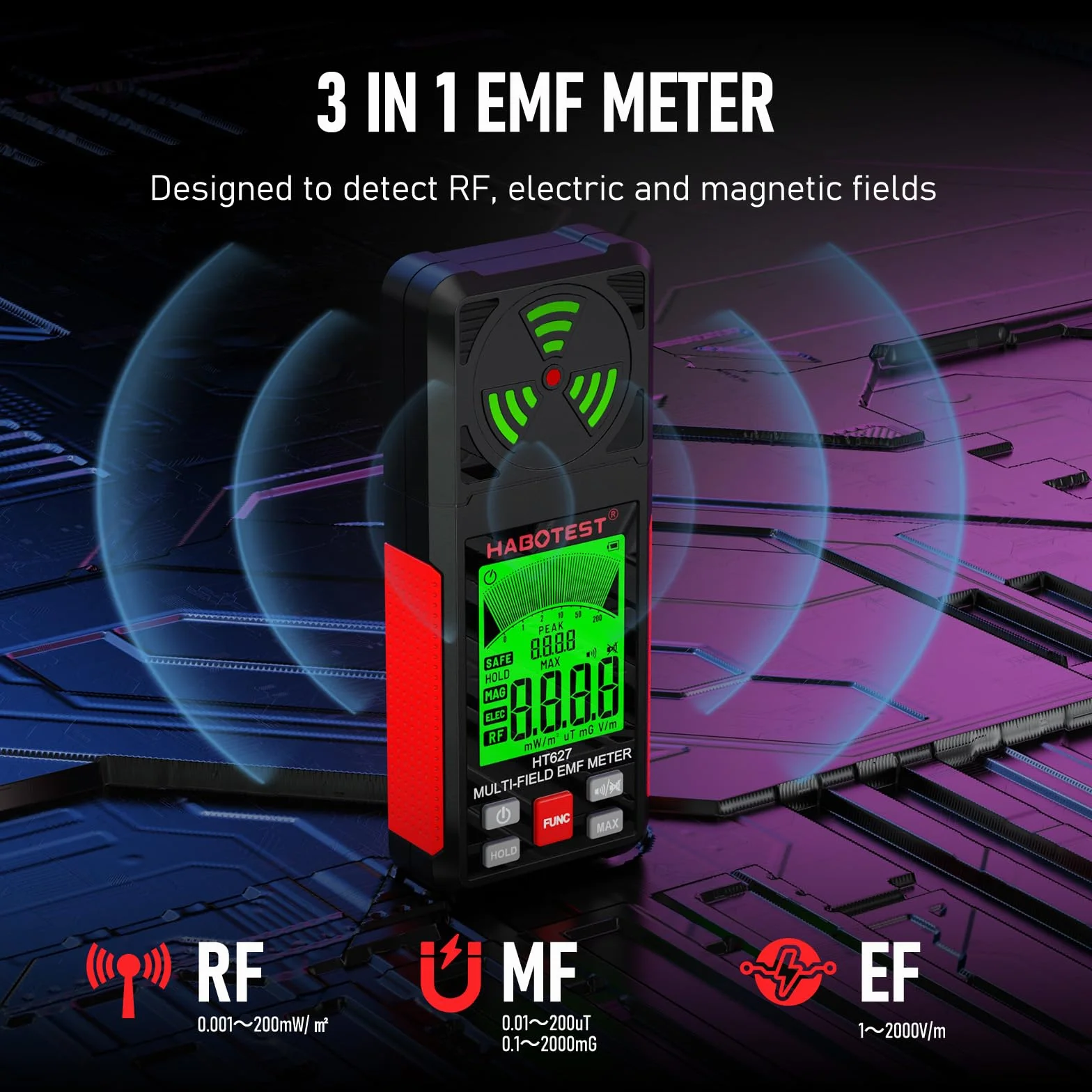 YOJOCK EMF Messgerät 3-in-1 Strahlungsmessgerät und Strahlungsdetektor mit Datenhalte- und Maximalwertspeicher, misst EMF, RF, MF, WiFi und Elektrosmog, für Zuhause und Outdoor, Rot