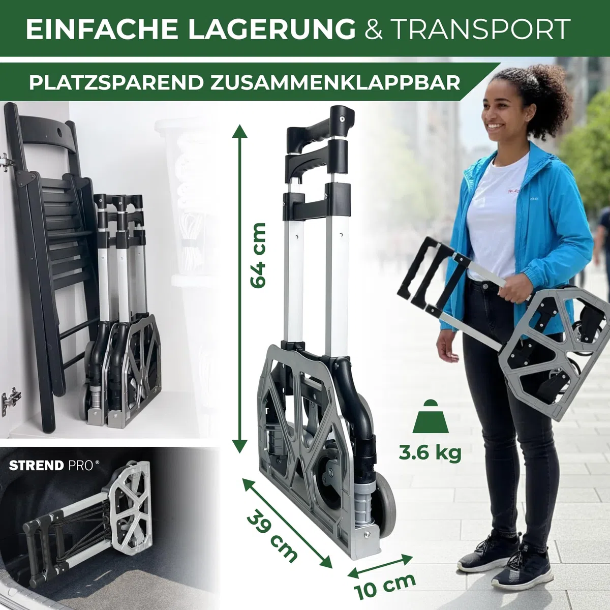 STREND PRO Sackkarre Treppensteiger 80kg | Klappbare Treppenkarre mit 3-Rad-System | Robuste Transportkarre für Treppen & Stufen | Handkarre Höhenverstellbar & Kompakt