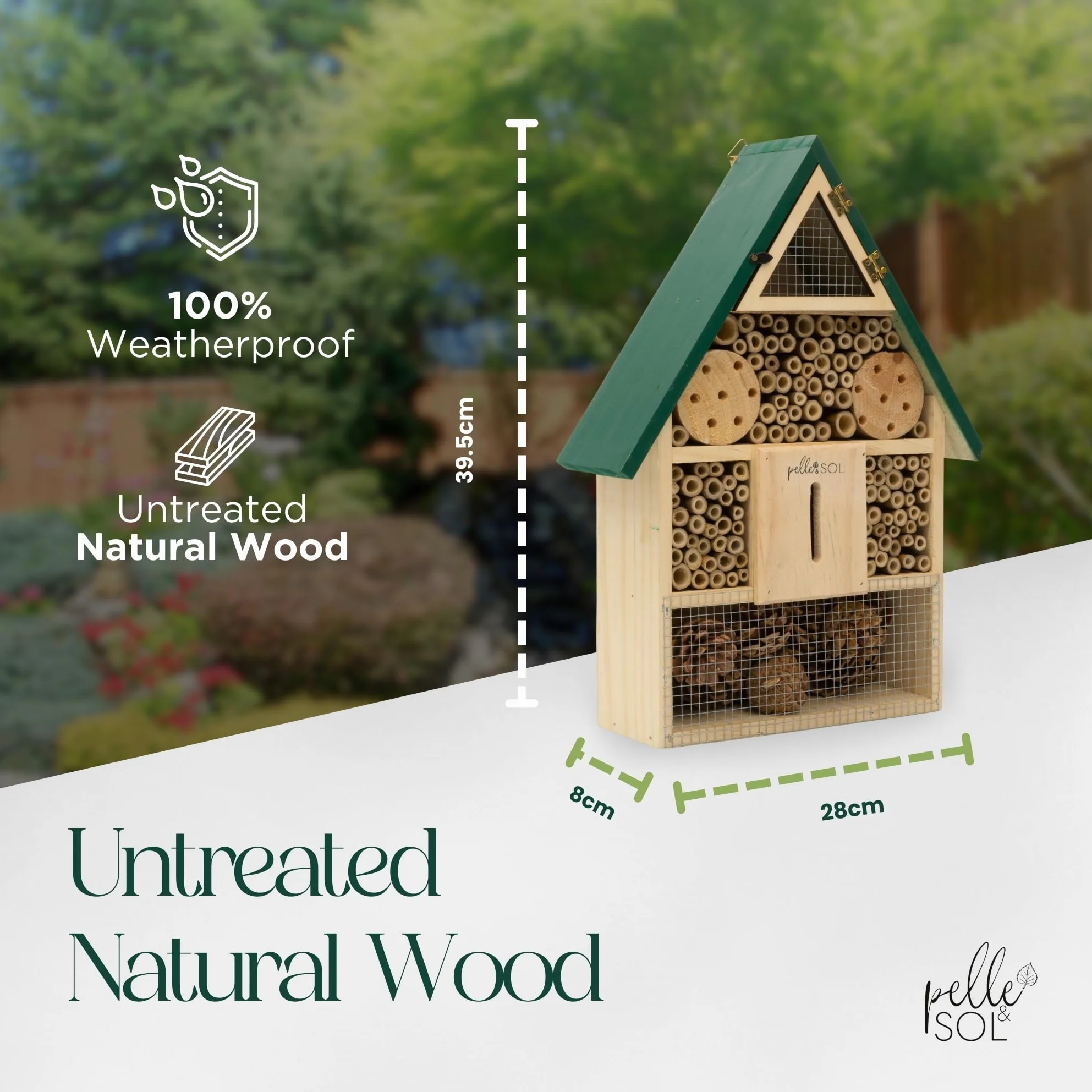 Pelle & Sol Umweltfreundliches Bienenhaus, Insektenhotel für Bienen, Schmetterling, Insekten, kinderfreundlich, wetterbeständig, hängendes Bienenhotel, Bambus-Nisthaus, Gartendekoration und