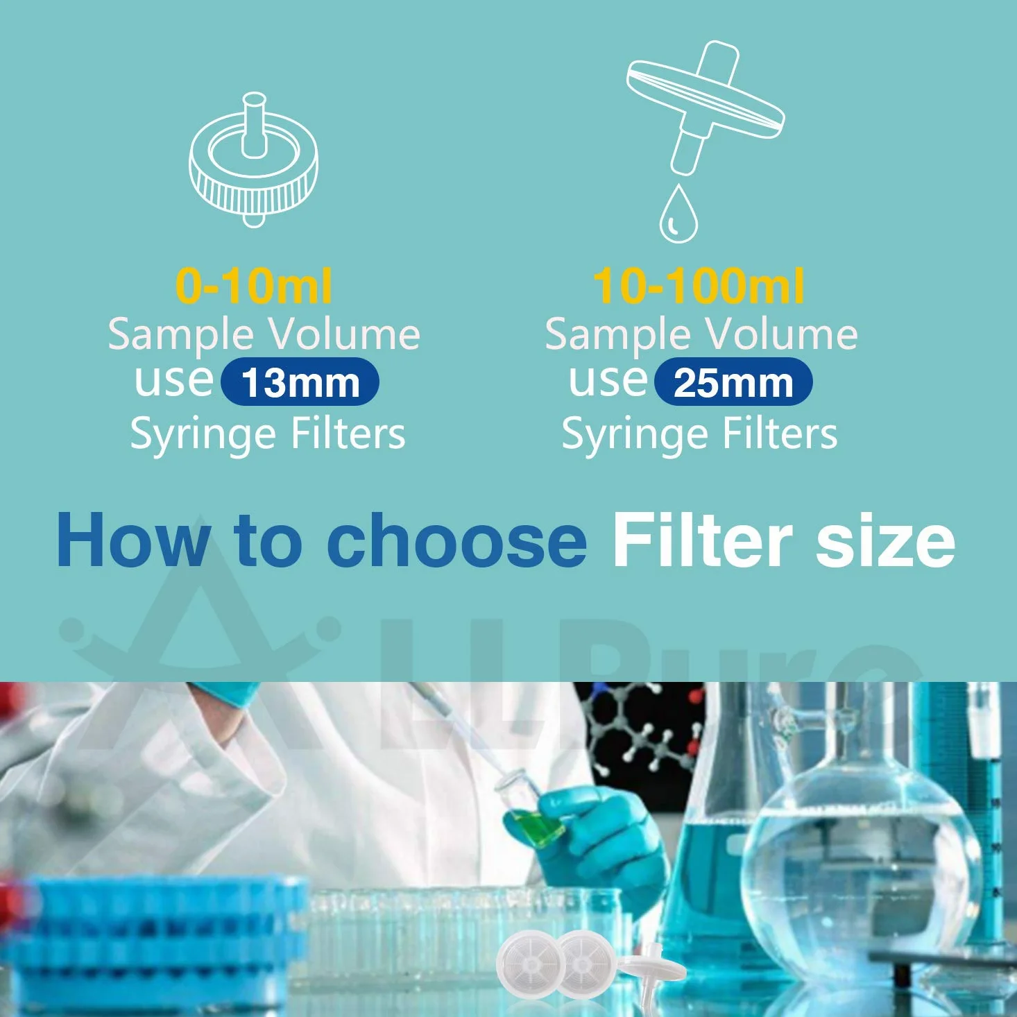 Biotechnology Hydrophobe PTFE-Spritzenfilter, 25 mm Durchmesser, 0,22 μm, Porengröße für Laborfilter, 100 Stück