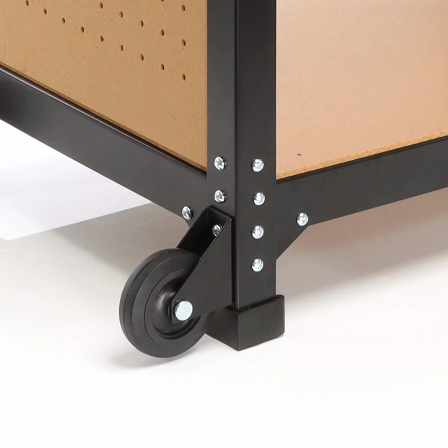 XPOtool Fahrbare Werkbank 69 x 51 x 66-82 cm, höhenverstellbarer Werktisch, Arbeitstisch mit 2 Rollen, 2 Ablagen und seitliche Lochwand