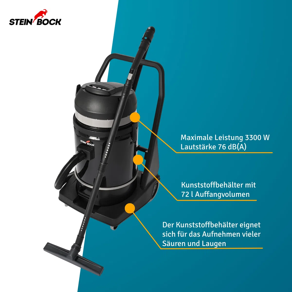 Steinbock Industriesauger nass & trocken| 3.300 Watt | 72 l Fassungsvermögen | mit 3 leistungsstarken Motoren | Für Flüssigkeiten, Feinstaub und groben Schmutz |Kippfahrgestell | Kunststofftank